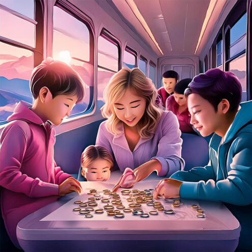 Cestovní hra ve vlaku. Rodina hraje ve vlaku kulatá pexesa při atmosféře zapadajícího sluníčka.