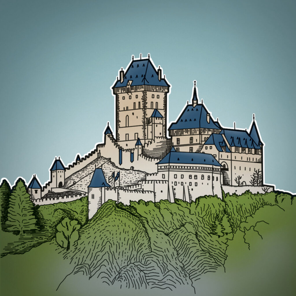 Krásná ilustrace hradu Karlštejn od autora Štěpána Stránského.