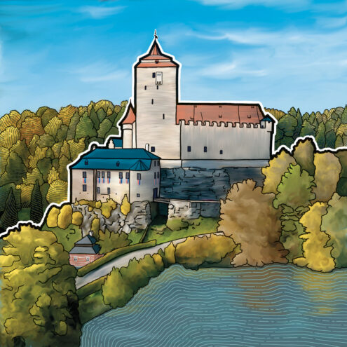 Namalovaný obrázek hradu Kost.