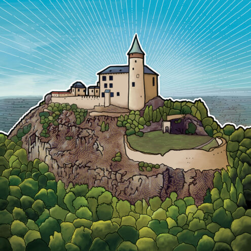 Ilustrace hradu Kunětická hora. Na obrázku je i pohled na část hory.