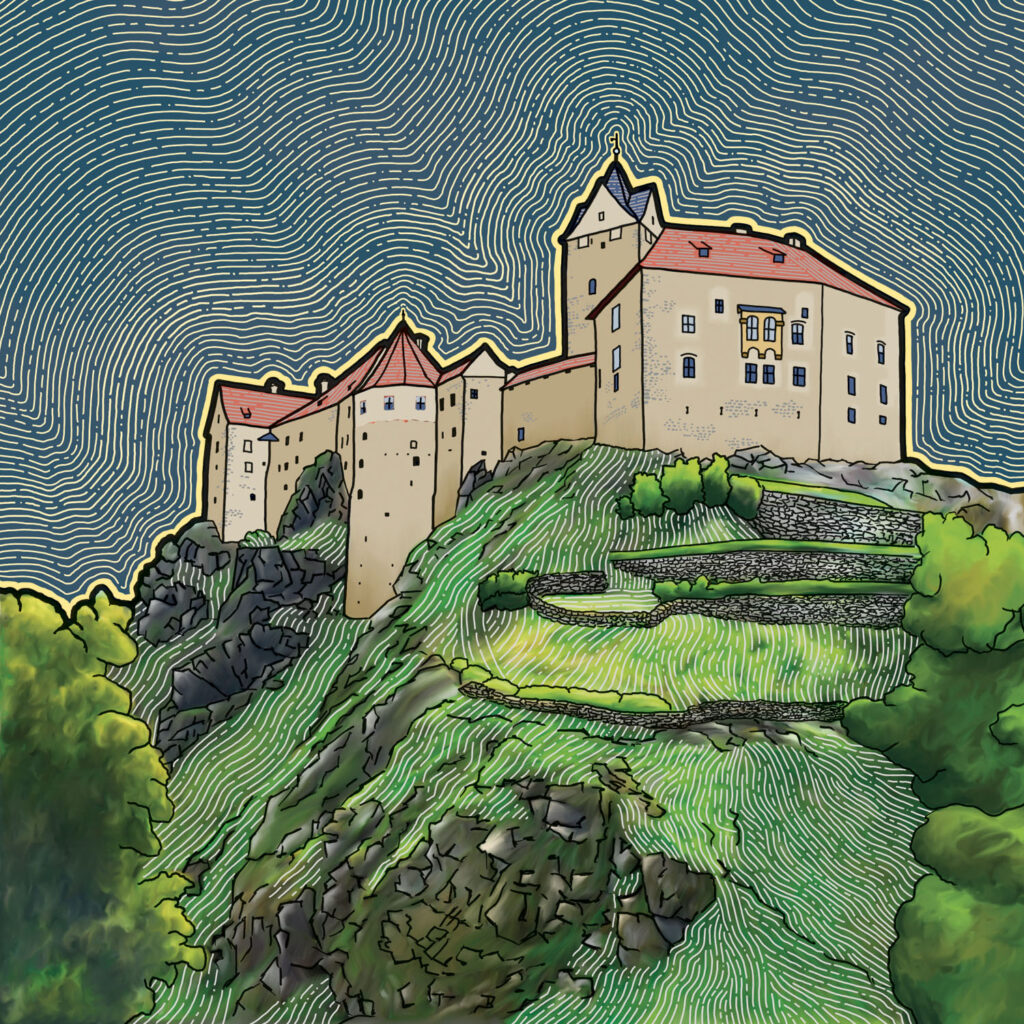 Ilustrovaný obrázek hradu Loket.