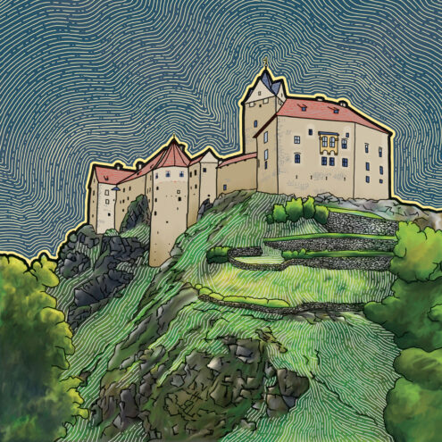 Ilustrovaný obrázek hradu Loket.