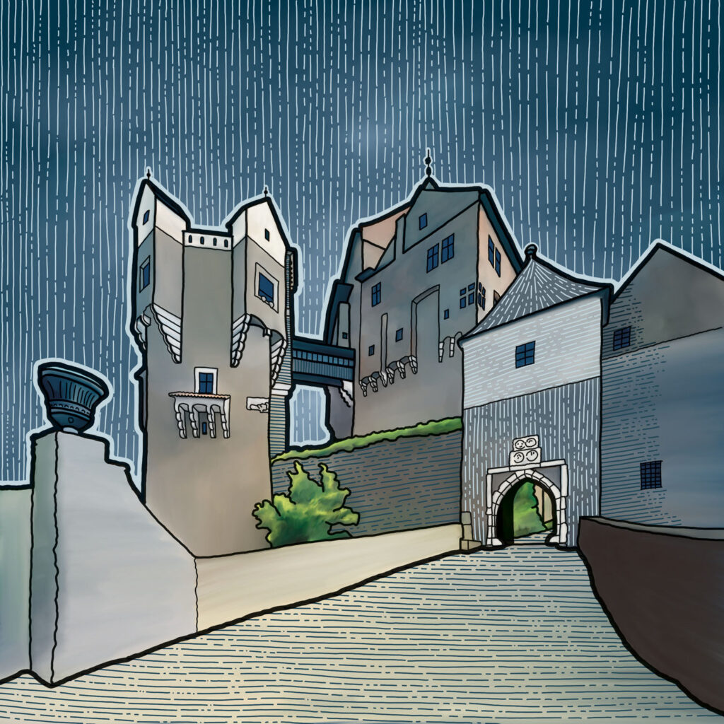 Ilustrace hradu Pernštejn ve stylu výtvarníka Síse.
