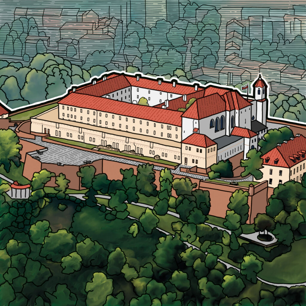 Hrad Špilberk je nailustrovaný z ptačí perspektivy.