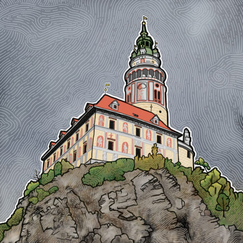 Krásně ilustrovaná zámecká věž v Českém Krumlově.