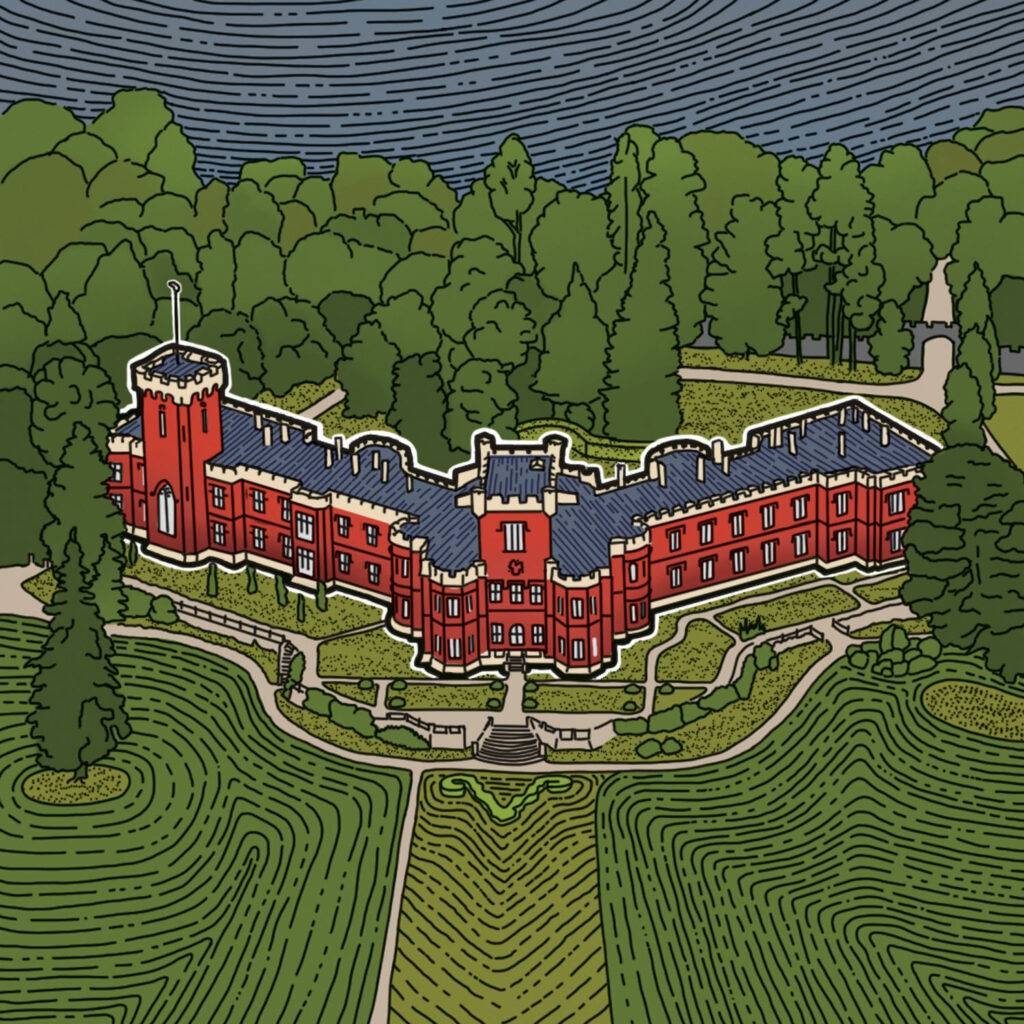 Obrázek zámku Hrádek u Nechanic z ptačího pohledu.