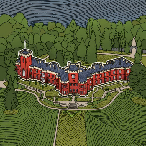 Obrázek zámku Hrádek u Nechanic z ptačího pohledu.