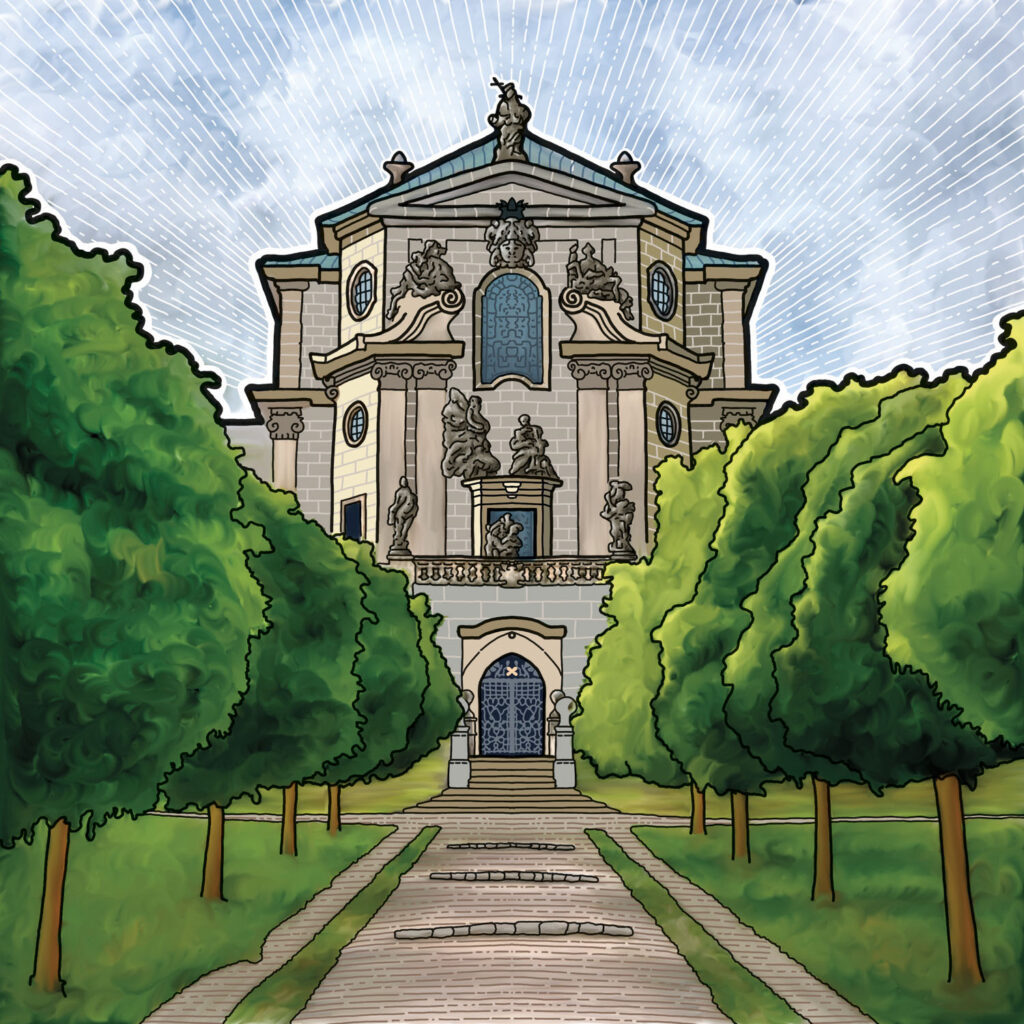 Ilustrovaný obrázek zámku Kuks.