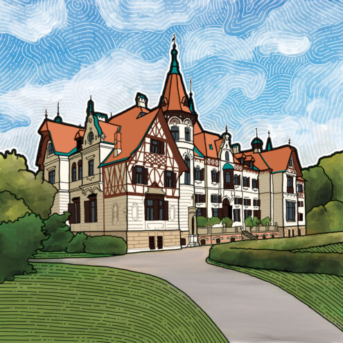 Ilustrovaný obrázek zámku Lešná.