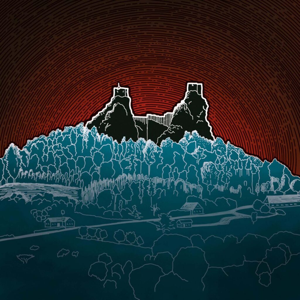 Pana a Baba na hradu trosky, obrázek je ilustrovany v expresivních barvách temě červwno-modrých.