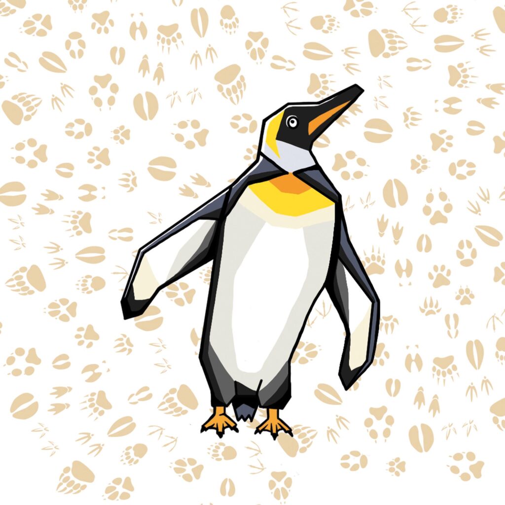 Stylizovaný tučňák na podkladu se stopami zvířátek.