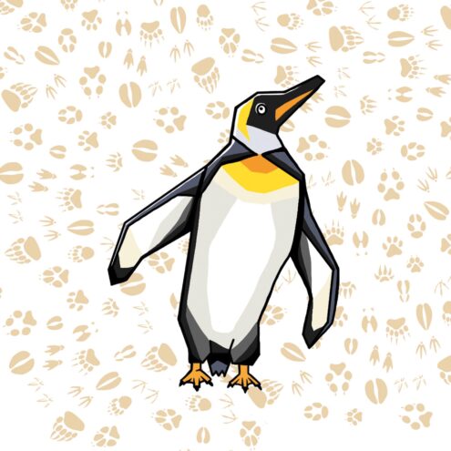 Stylizovaný tučňák na podkladu se stopami zvířátek.