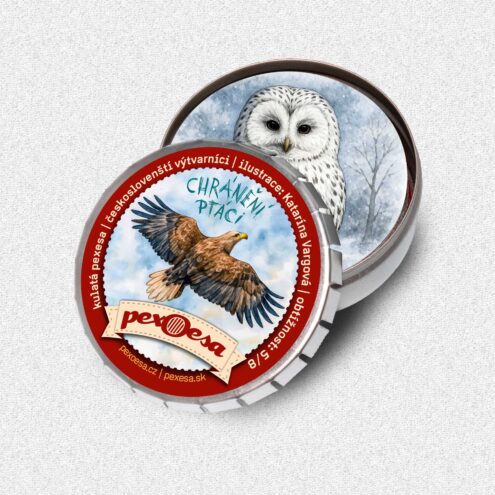 Pexeso v plechové kulaté krabičce s námětem Chránění ptáci.