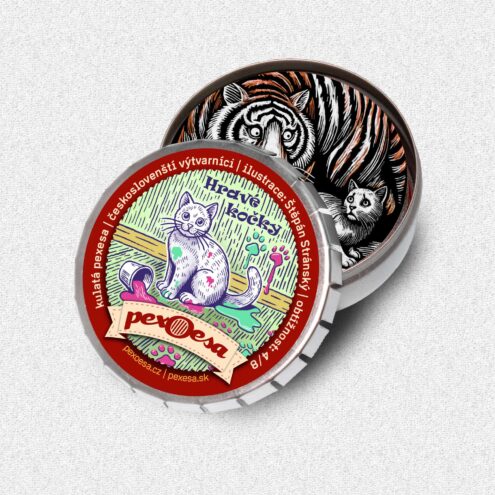 Plechová krabička s kulatýmn pexesem Hravé kočky.