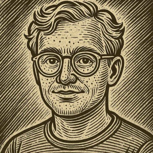 Autoportrét Lukáše Hriňáka slovenského výtvarníka pracujícícího s tecnikou dřevořez