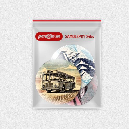 Sada 24 kulatých samolepek v pytlíčku. Na samolepkách jsou dopravní prostředky.