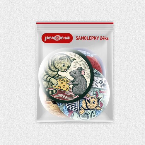 Sada 24 kulatých samolepek v pytlíčku. Na samolepkách jsou hravé kočky.