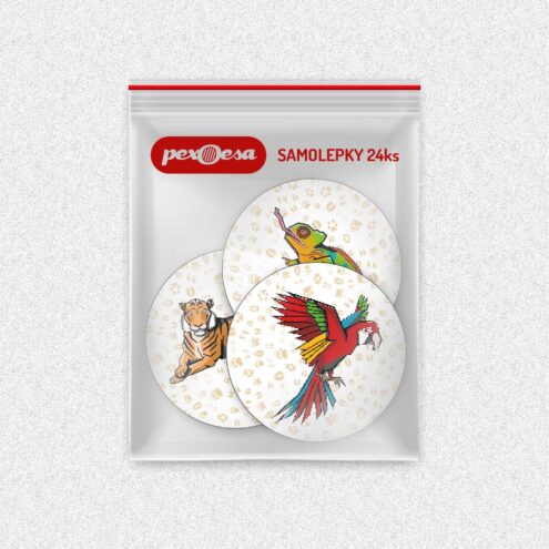 Sada 24 kulatých samolepek v pytlíčku. Na samolepkách jsou safari zvířátka.